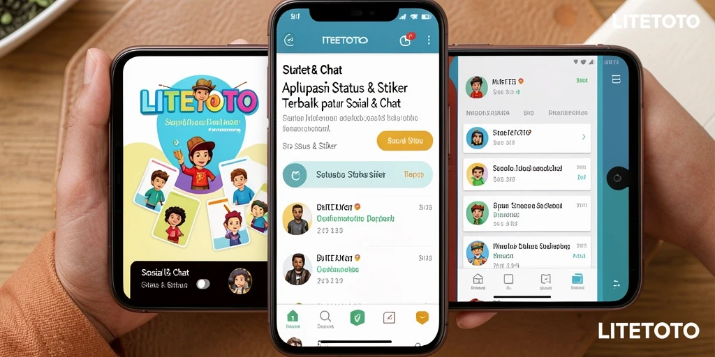 Antarmuka LITETOTO menampilkan beragam stiker dan opsi status yang menarik.
